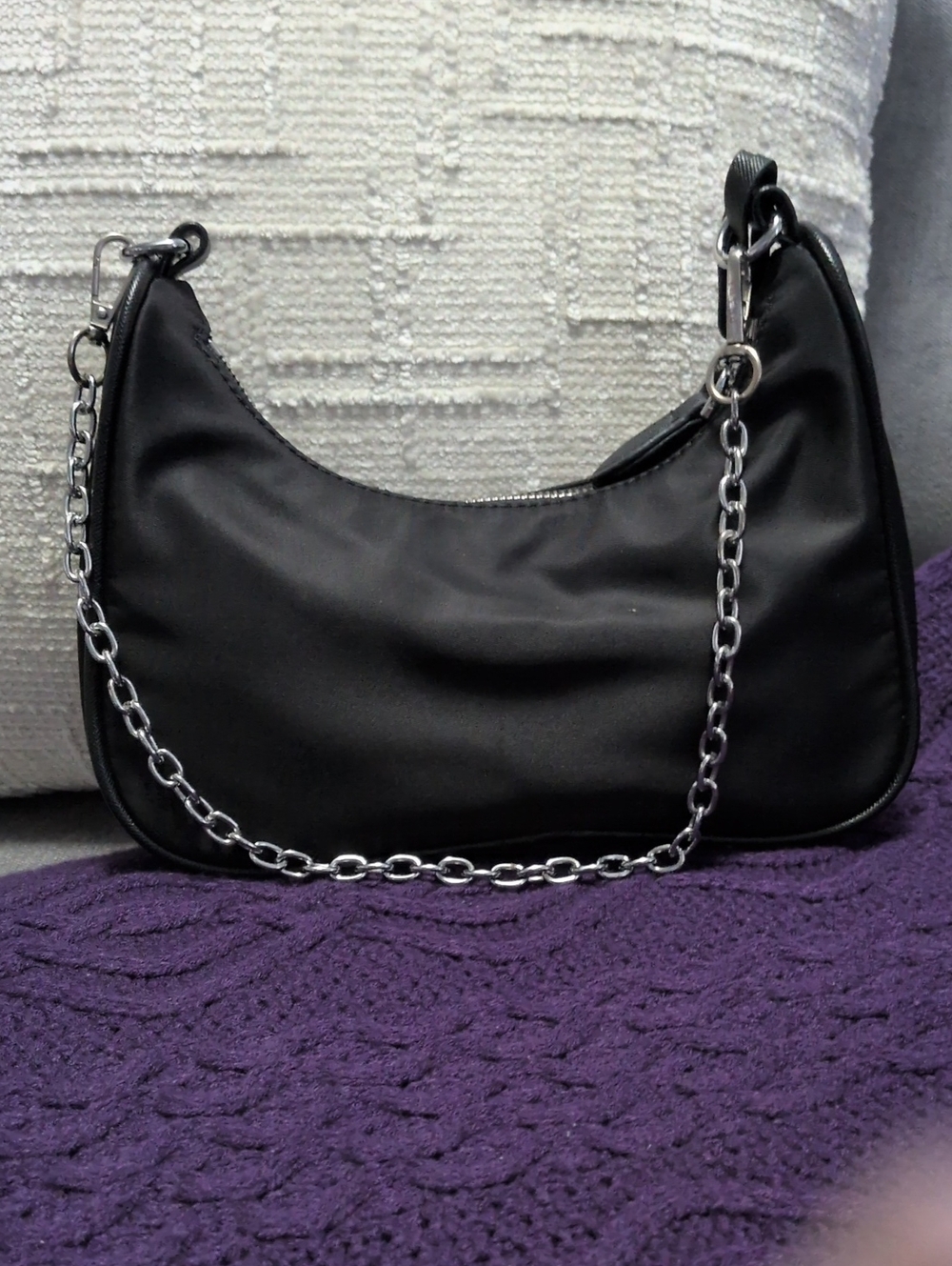 Designer Inspired Black Nylon Shoulder Bag with Silver Chain Strap - Picture 3 of 7